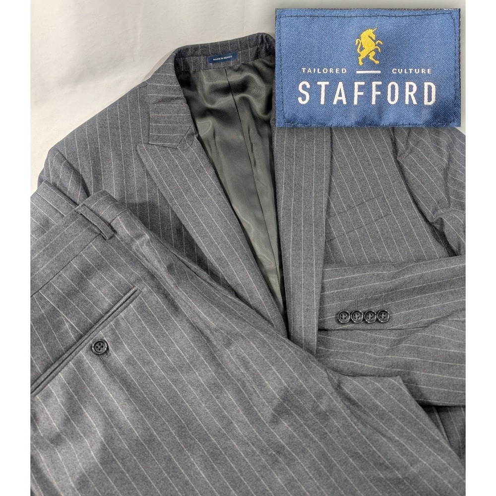 Stafford Wool Flannel Gray Chalk Line Two-piece Suit 100% Wool 44L 38x34 Classic
